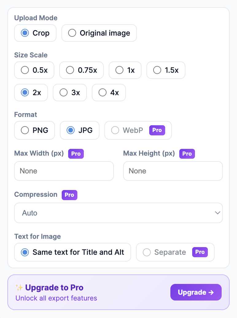 Export options panel with mode, format, quality, and dimensions